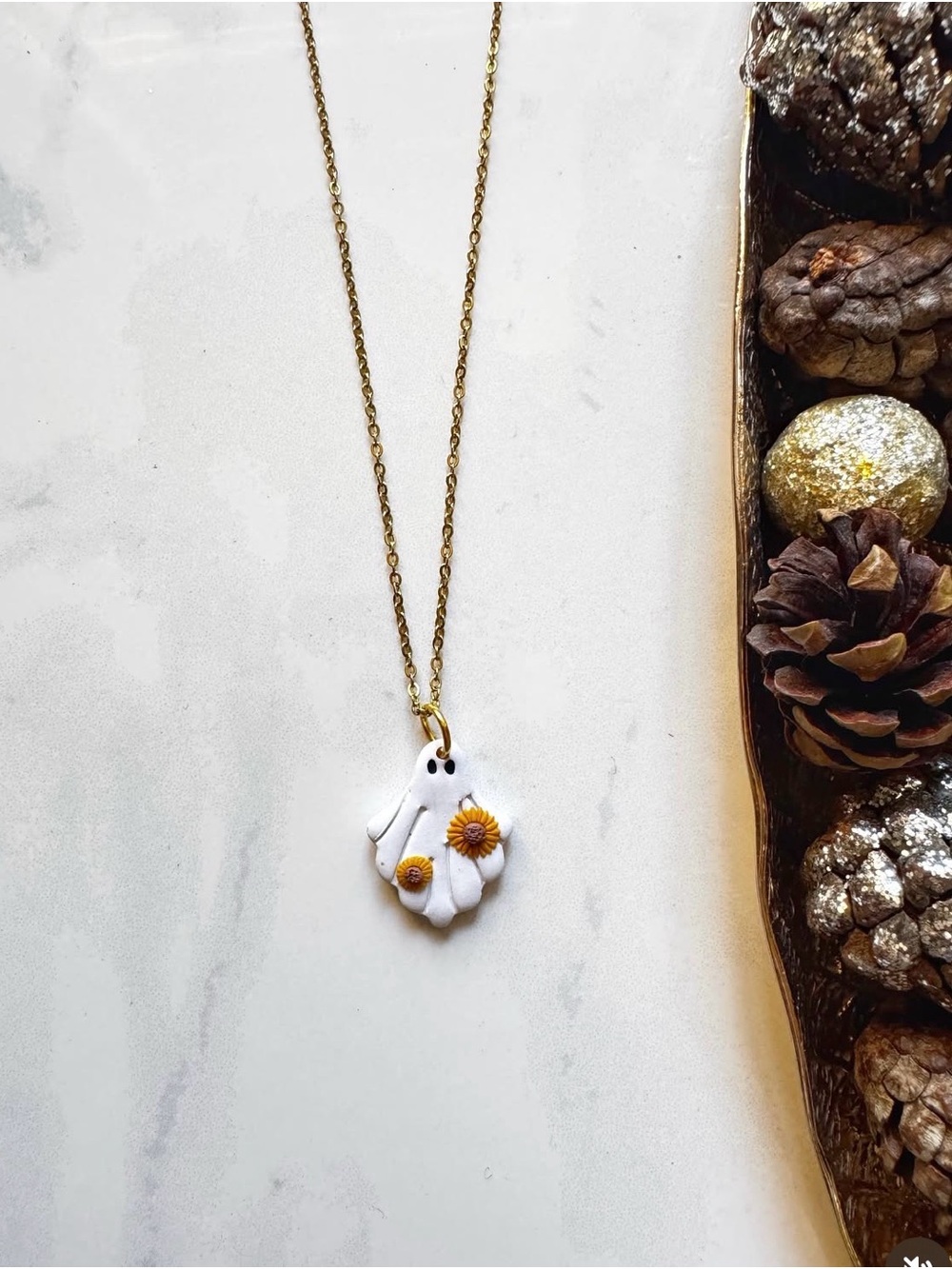 Handmade White Ghost Necklace with Sunflower Accent